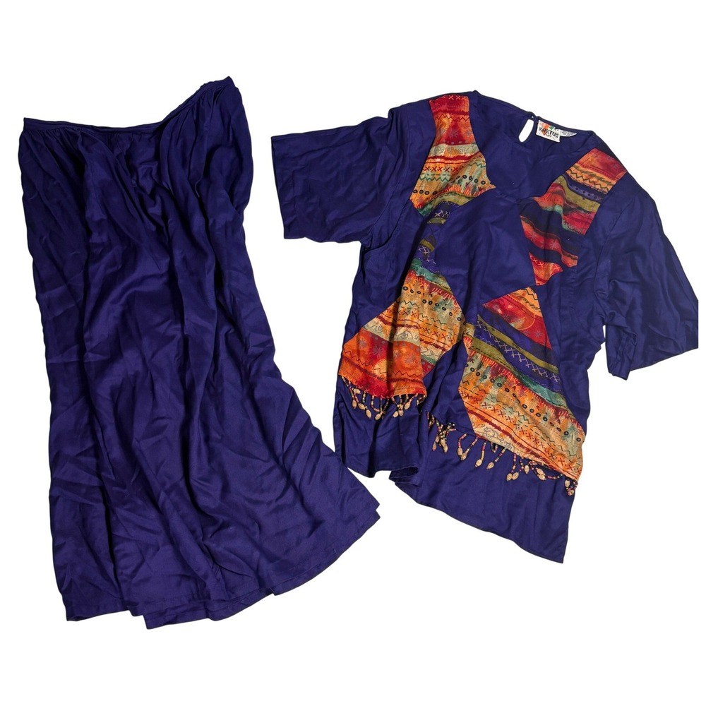 Vtg Kaktus 2XL Purple Patchwork 2 Piece Set Wood Beaded Fringe Boho At-To-Wear